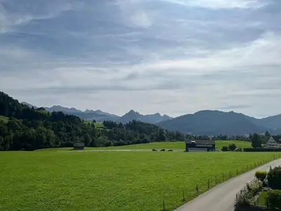 a road through a green field with mountains in the background at Apartment Panoramablick by Interhome in Nesslau