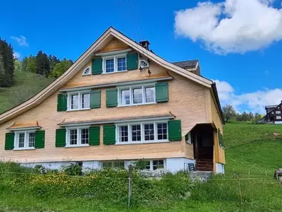 a wooden house with green shutters on a hill at Holiday Home Seuzach by Interhome in Nesslau