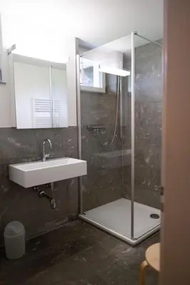 a bathroom with a sink and a shower at Holiday Home Haus am Schwendisee by Interhome in Wildhaus