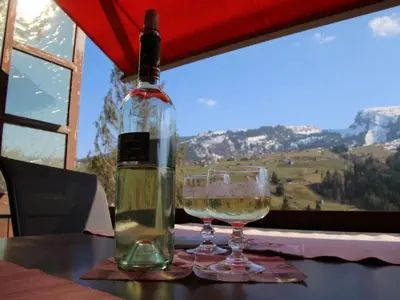 a bottle of wine and two glasses on a table at Apartment Chalet Lilian by Interhome in Unterwasser