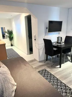 a room with a bed and a table and a tv at Whirlpool on Lake Constance with free parking in Romanshorn