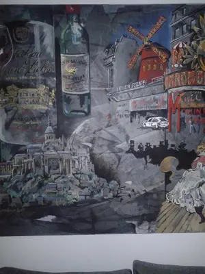 a wall mural of a city and a bottle of wine at Hotel Swiss Bellevue in Kreuzlingen