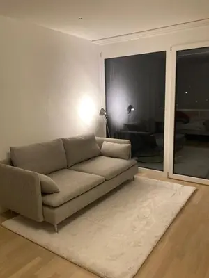 a living room with a couch and a large window at Neues Studio am Bodensee in Arbon