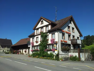 a white house with flowers on the side of a street at Hotel Garni Traube B&B in Schwellbrunn