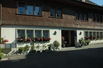 a building with potted plants on the side of it at Hotel Pension Im Dorf in Zuzwil