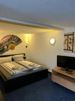 a hotel room with a bed and a flat screen tv at Hotel Bären Amriswil in Amriswil