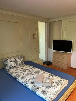 a bedroom with a bed with a tv on it at Hotel Bären Amriswil in Amriswil