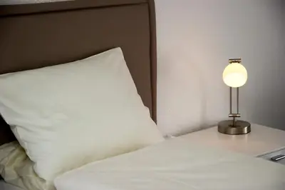 a bed with a pillow and a lamp on a table at Landgasthof Werdenberg in Werdenberg