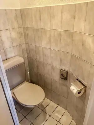 a bathroom with a toilet and a roll of toilet paper at Hotel Hecht in Rheineck