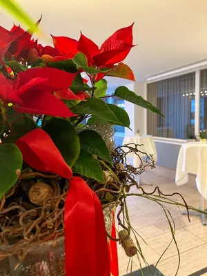 a vase with red flowers in a room at Hotel Hecht in Rheineck