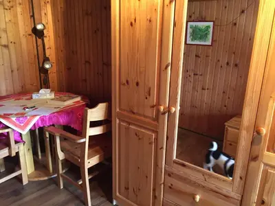 a room with a table and a cat sitting at a table at Wohlfühloase für Mensch und Hund in Uzwil