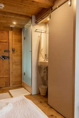 a bathroom with a bed and a sink and a shower at Gasthaus Rössli in Mogelsberg