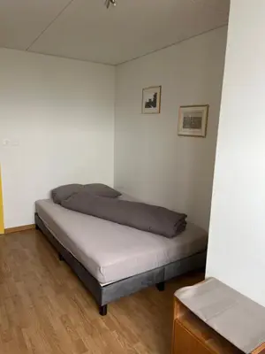 a bedroom with a bed in the corner of a room at Landgasthof Winzelnberg in Egnach