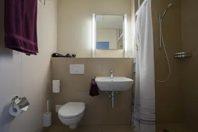 a bathroom with a toilet and a sink and a shower at wohnMOTEL - Hinterforst in Altstätten