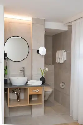 a bathroom with a sink and a toilet and a mirror at Businesshotel Forum Widnau in Widnau