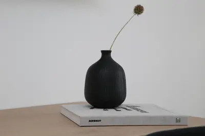 a black vase sitting on top of a book at Businesshotel Forum Widnau in Widnau