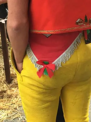 a person wearing yellow pants with a red shirt at BnB chezlise in Urnäsch