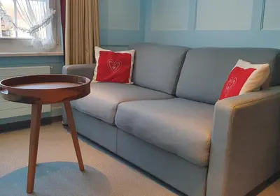 a living room with a couch with two pillows and a table at Adler Hotel in Appenzell