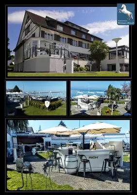 a collage of three pictures of a house and a boat at Bodenseehotel Weisses Rössli in Staad