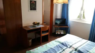 a bedroom with a desk and a bed and a computer at Hotel Garni Sonne in Landschlacht Gemeinde Münsterlingen