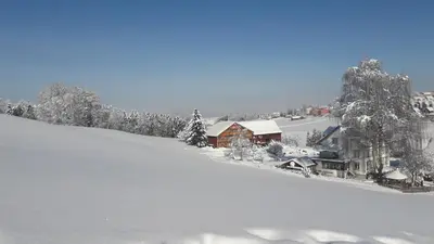 a house on a snow covered hill next to a house at Hof Dietrich in Herisau