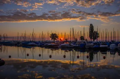 a group of boats parked in a marina at sunset at Lakelodge Romanshorn in Romanshorn