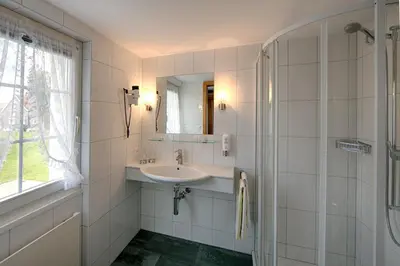 a bathroom with a sink and a shower at Hotel Alpenblick in Weissbad