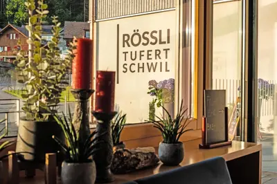 a window with plants in vases on a table at Hotel Rössli Tufertschwil in Lütisburg