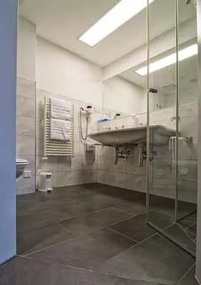a bathroom with a sink and a shower at Hotel Rössli Tufertschwil in Lütisburg