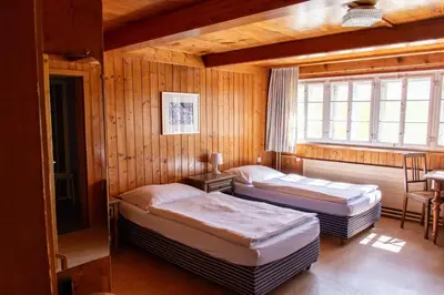 two beds in a room with wooden walls at Hotel am Schönenbühl in Speicher
