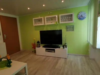 a living room with a flat screen tv on a green wall at Ferienwohnungen im Fürstenland in Gossau