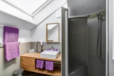 a bathroom with a sink and a shower at Hotel Landgasthof Eischen in Appenzell