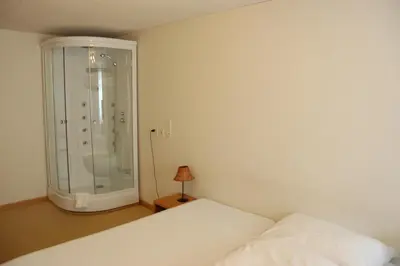 a bedroom with a glass shower and a bed at Hotel Weisses Kreuz in St. Gallen