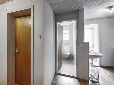 a bathroom with a toilet and a wooden door at Hotel Weisses Kreuz in St. Gallen