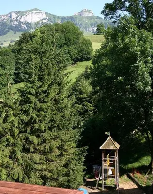 a gazebo in the middle of a forest of trees at Hotel Restaurant Belvedere in Weissbad