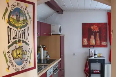 a room with a kitchen with a counter top and a kitchen at Haus Basilea in Wolfhalden