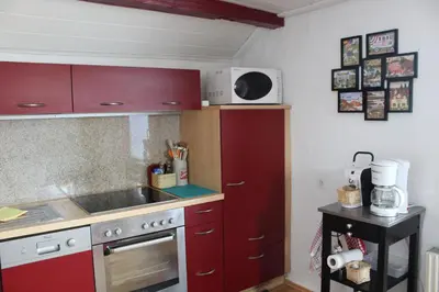 a small kitchen with red cabinets and a microwave at Haus Basilea in Wolfhalden