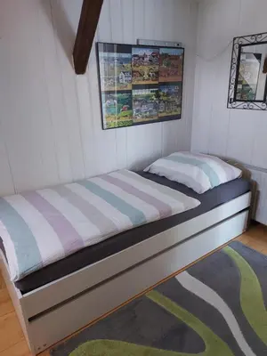 a twin bed in a room with white walls at Haus Basilea in Wolfhalden