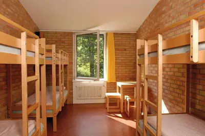 a room with bunk beds and a window at St. Gallen Youth Hostel in St. Gallen
