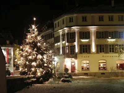 a christmas tree in front of a building at night at Hotel Le Lion - Self Check-in in Bischofszell