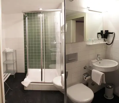 a bathroom with a shower and a toilet and a sink at Hotel Le Lion - Self Check-in in Bischofszell