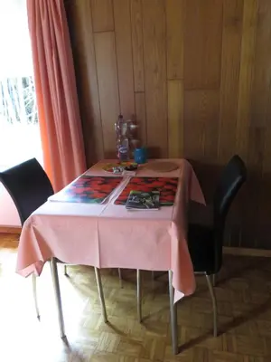 a table with a pink table cloth on top of it at Studio-Ferienwohnung Hans Fässler in Appenzell