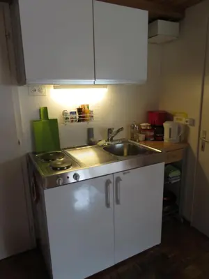 a small kitchen with a sink and a stove at Studio-Ferienwohnung Hans Fässler in Appenzell