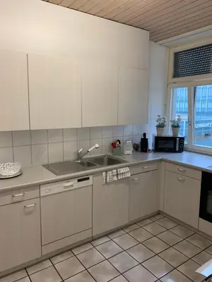 a kitchen with white cabinets and a sink at room service Joppich in St. Gallen