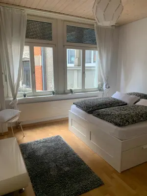 a bedroom with a bed and two windows and a rug at room service Joppich in St. Gallen