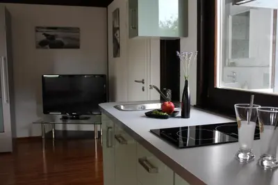 a kitchen with a counter with a sink and a tv at Studio zum Wohlfühlen in Kreuzlingen