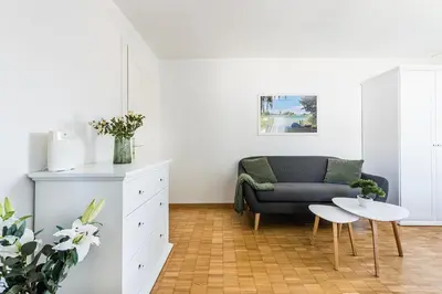 a living room with a couch and a table at SOHO 2A !Gratis Parken, Free Parking! in Kreuzlingen