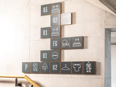 a group of signs on the wall of a building at Lodge Hof Weissbad in Weissbad