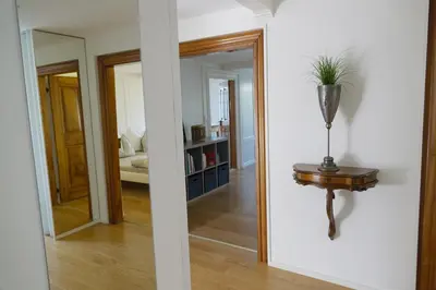 a hallway with a mirror and a table with a plant on it at Haus zur Rose, St.Gallen, Bodensee, Säntis in Speicher