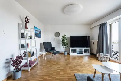 a living room with a flat screen tv and chairs at SOHO 8 !Lake-Mountain View & Free Parking! in Kreuzlingen